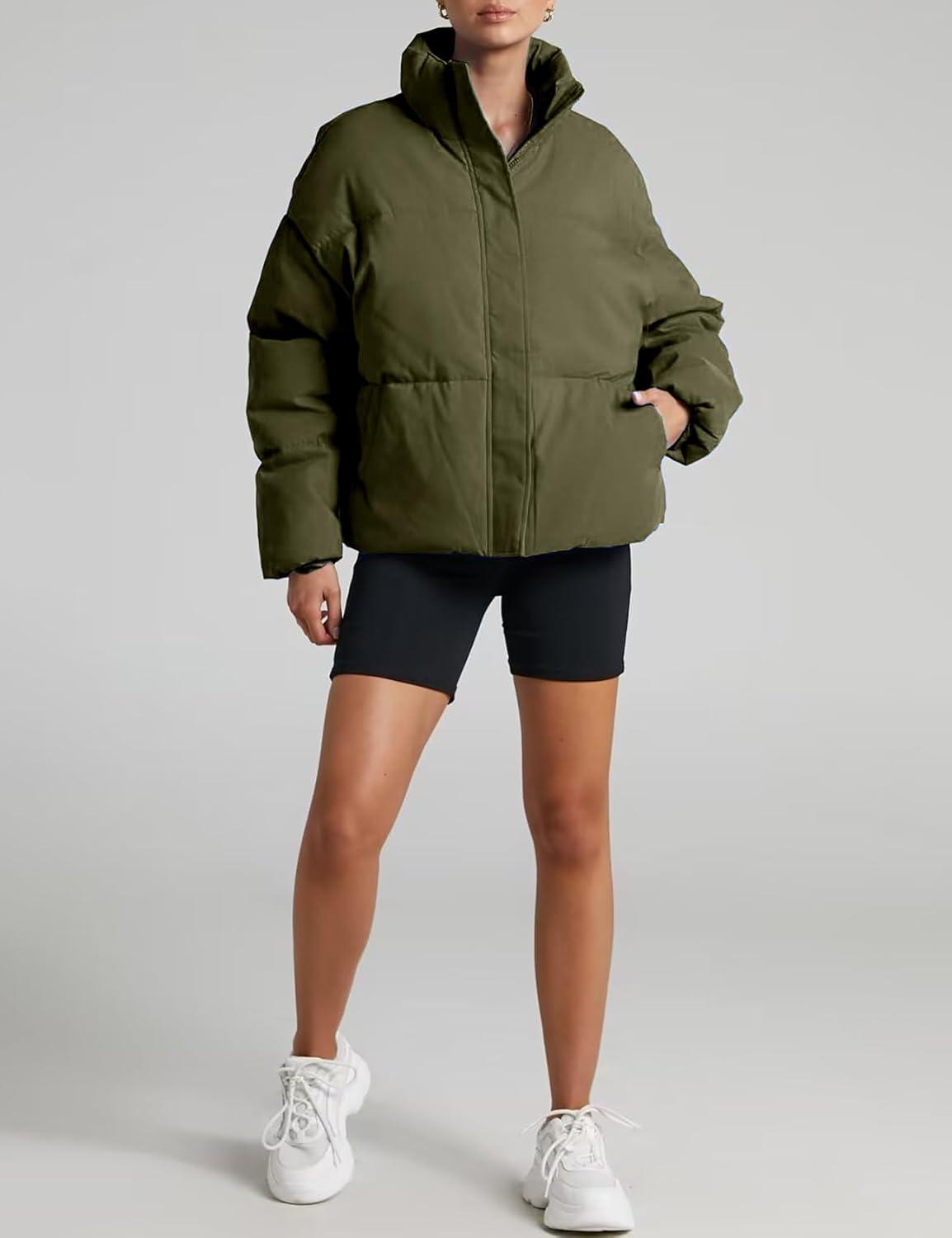 imageGihuo Womens Winter Warm Puffer Jacket Stand Collar Baggy Zip Up Short Quilted Jacket OuterwearArmygreen