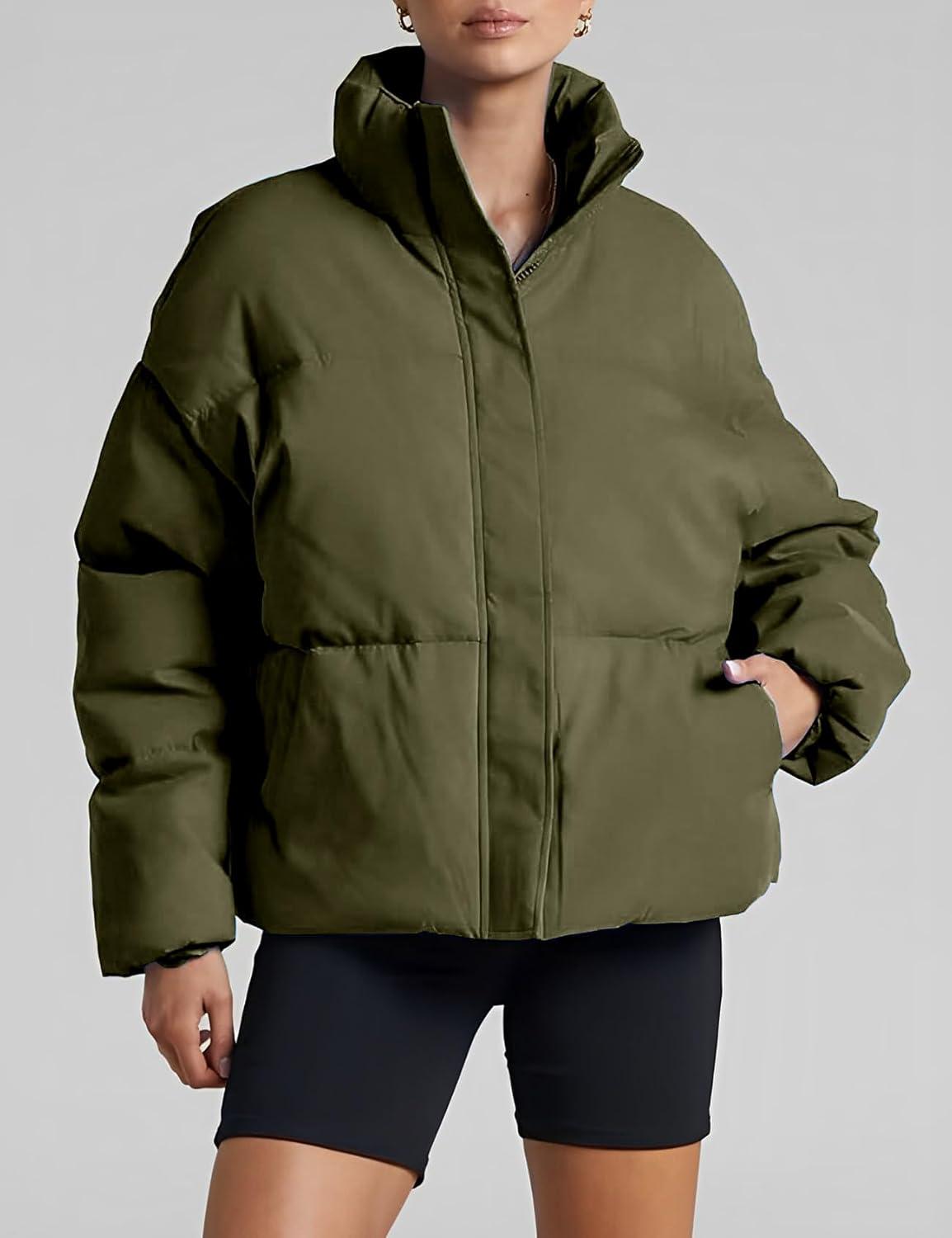 imageGihuo Womens Winter Warm Puffer Jacket Stand Collar Baggy Zip Up Short Quilted Jacket OuterwearArmygreen