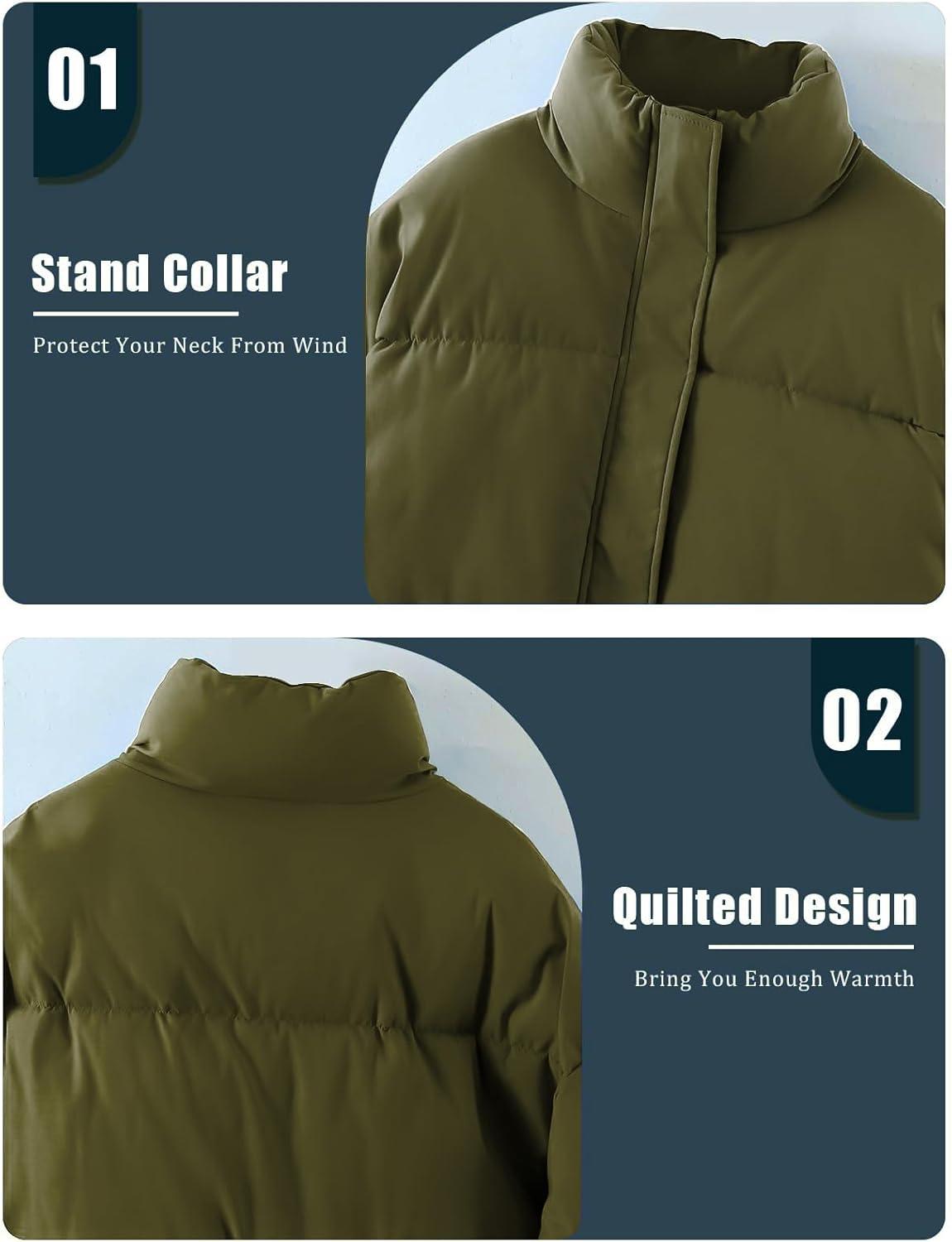 imageGihuo Womens Winter Warm Puffer Jacket Stand Collar Baggy Zip Up Short Quilted Jacket OuterwearArmygreen