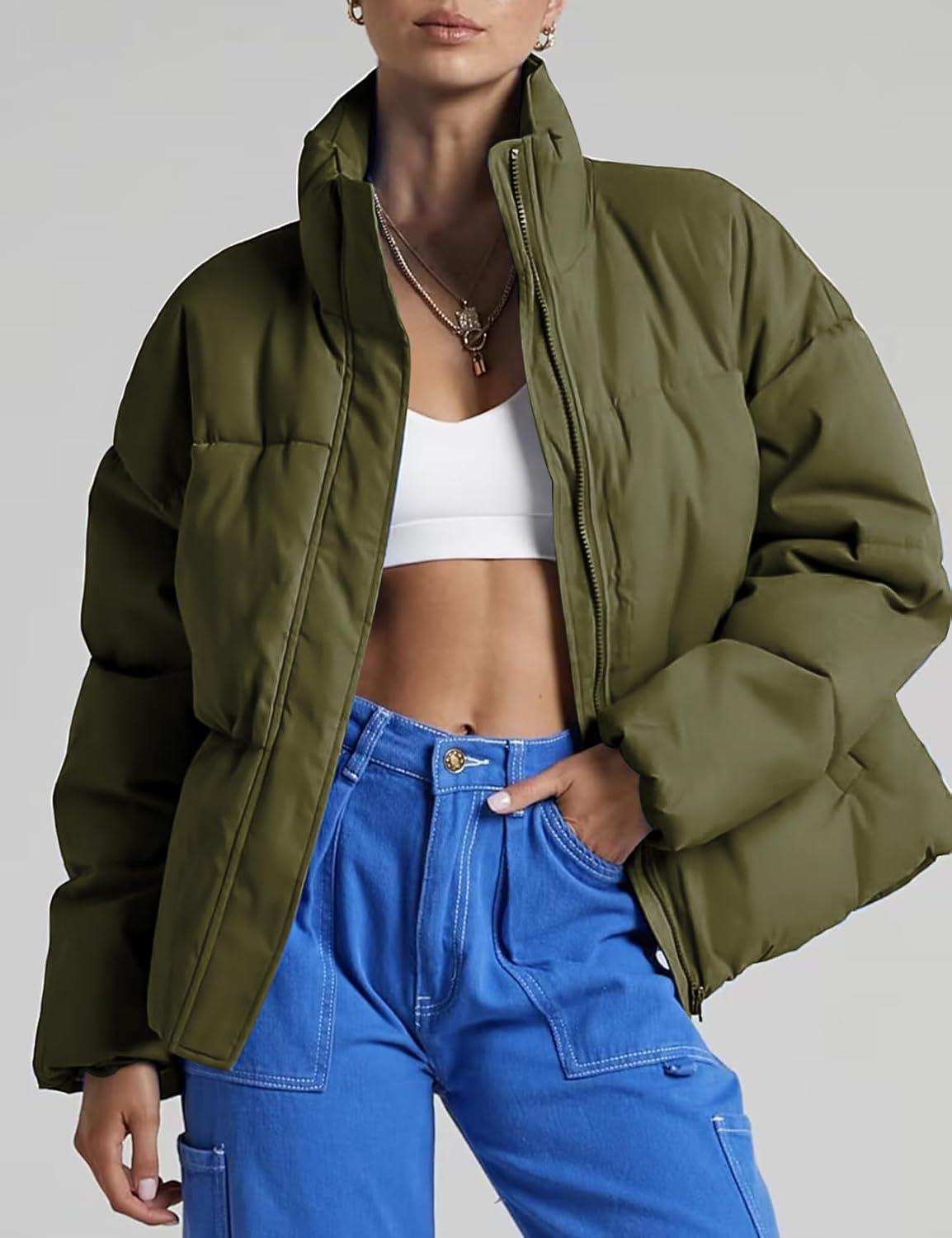 imageGihuo Womens Winter Warm Puffer Jacket Stand Collar Baggy Zip Up Short Quilted Jacket OuterwearArmygreen
