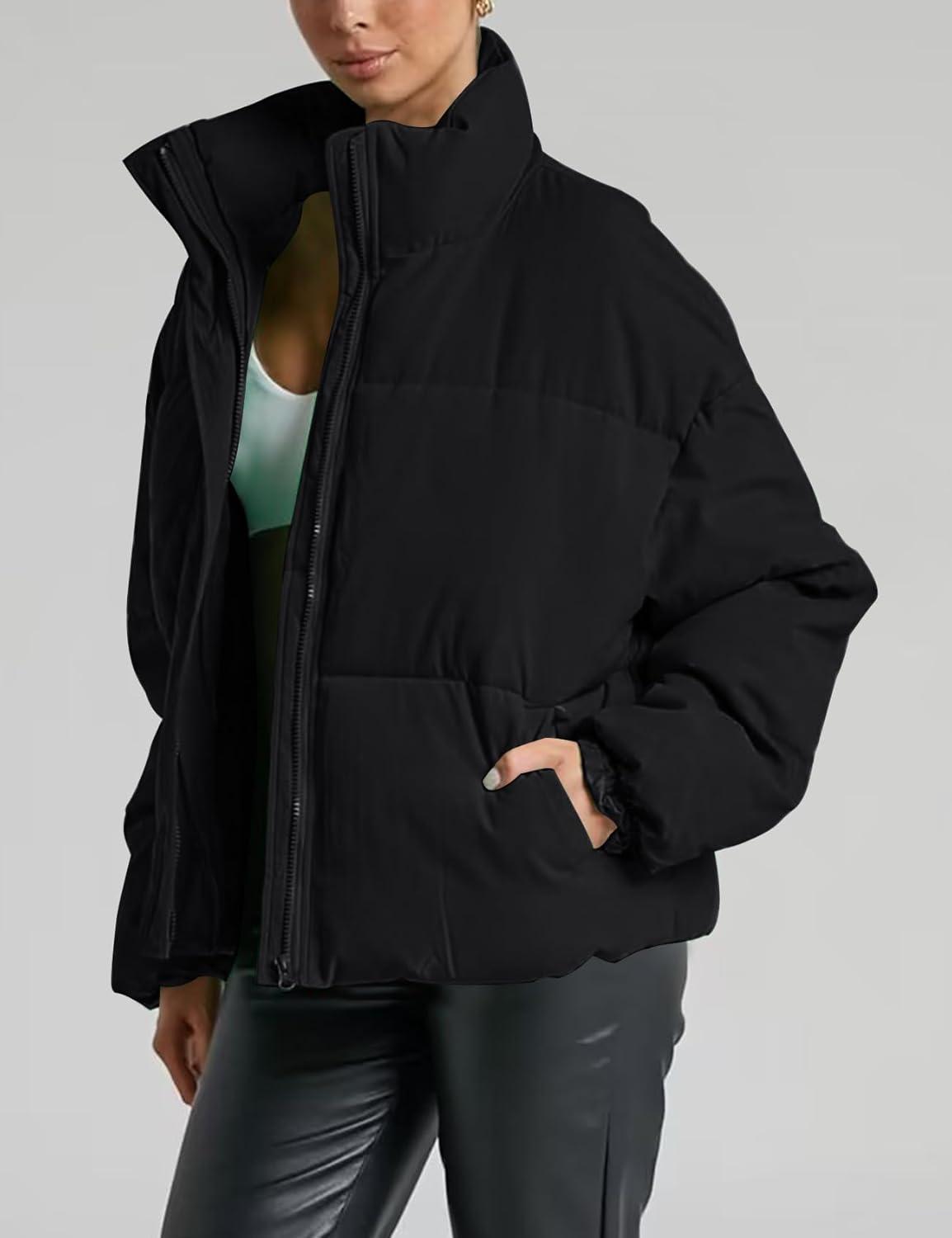imageGihuo Womens Winter Warm Puffer Jacket Stand Collar Baggy Zip Up Short Quilted Jacket OuterwearBlack