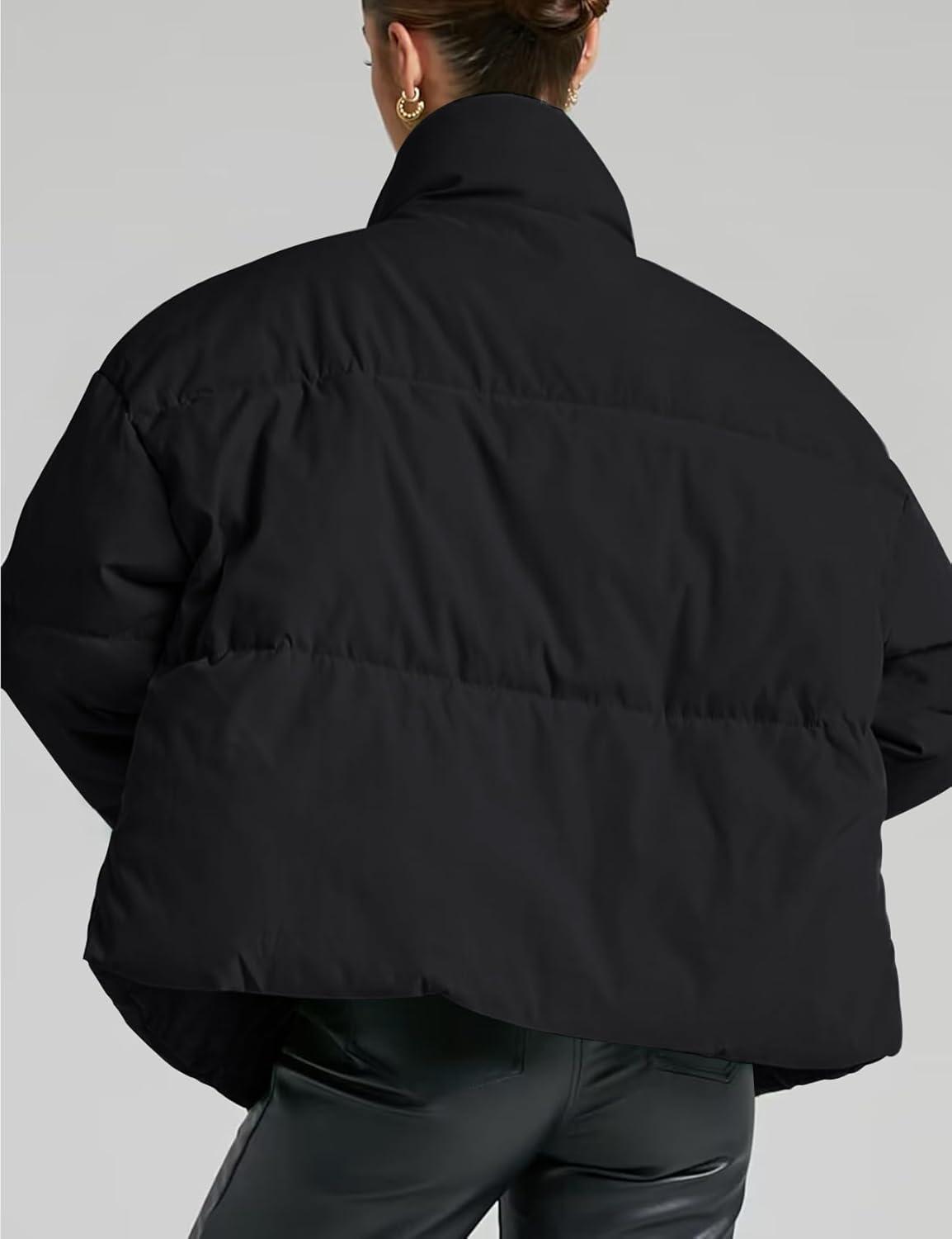 imageGihuo Womens Winter Warm Puffer Jacket Stand Collar Baggy Zip Up Short Quilted Jacket OuterwearBlack