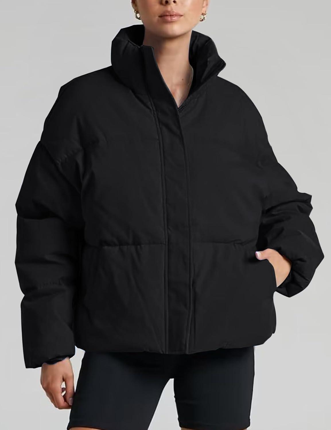 imageGihuo Womens Winter Warm Puffer Jacket Stand Collar Baggy Zip Up Short Quilted Jacket OuterwearBlack