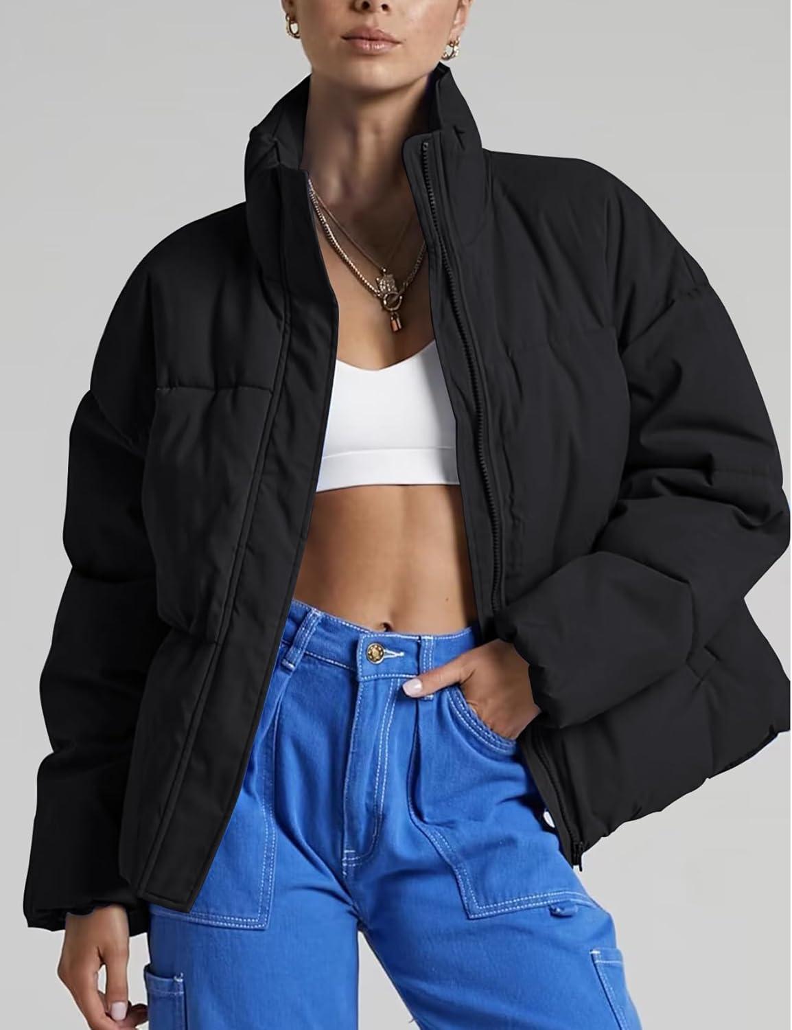imageGihuo Womens Winter Warm Puffer Jacket Stand Collar Baggy Zip Up Short Quilted Jacket OuterwearBlack