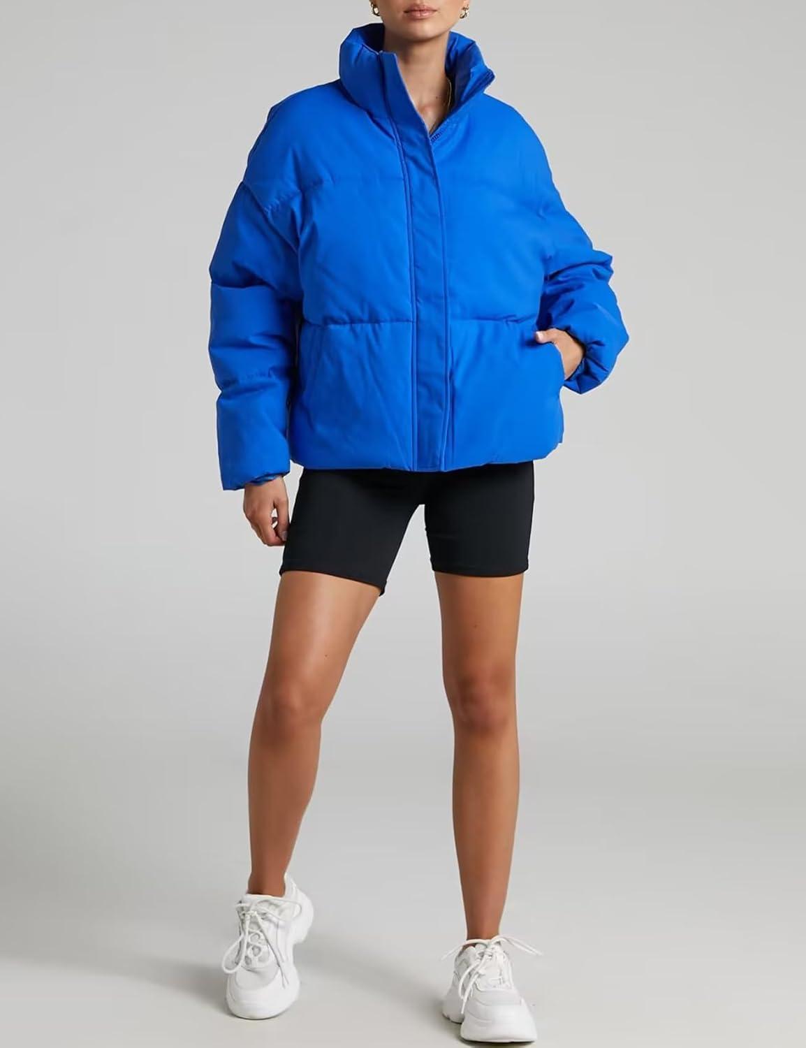 imageGihuo Womens Winter Warm Puffer Jacket Stand Collar Baggy Zip Up Short Quilted Jacket OuterwearBlue