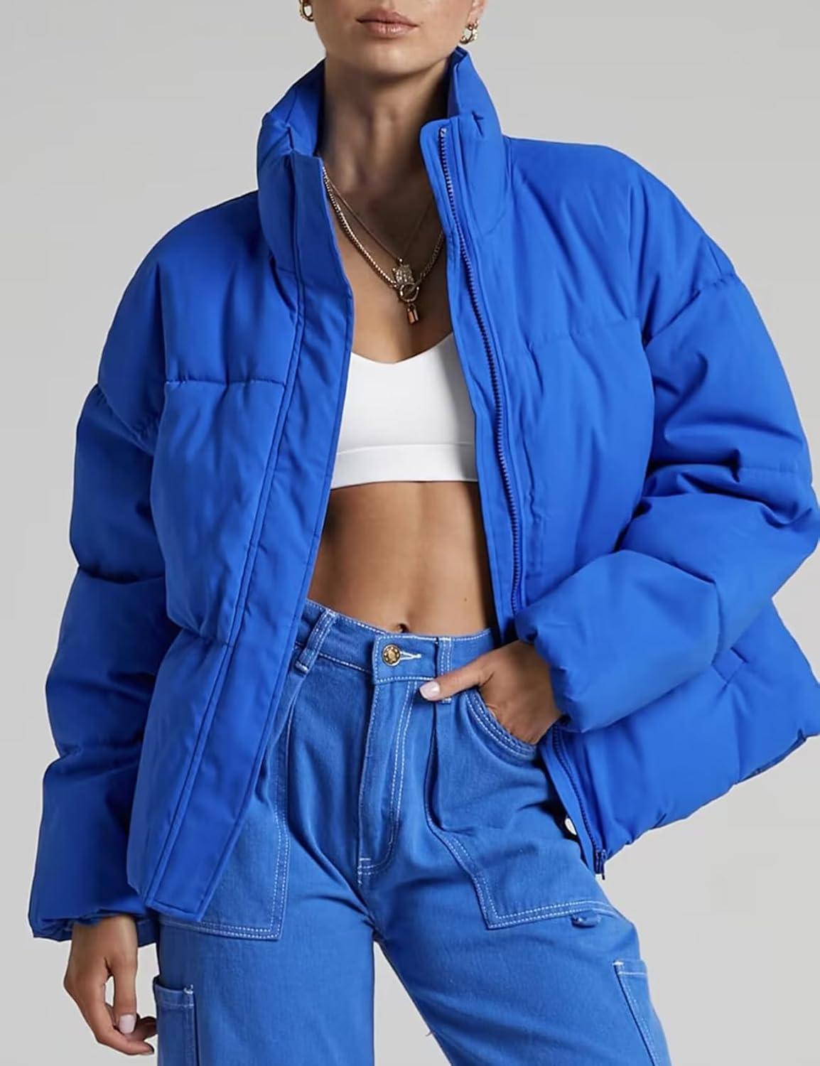 imageGihuo Womens Winter Warm Puffer Jacket Stand Collar Baggy Zip Up Short Quilted Jacket OuterwearBlue