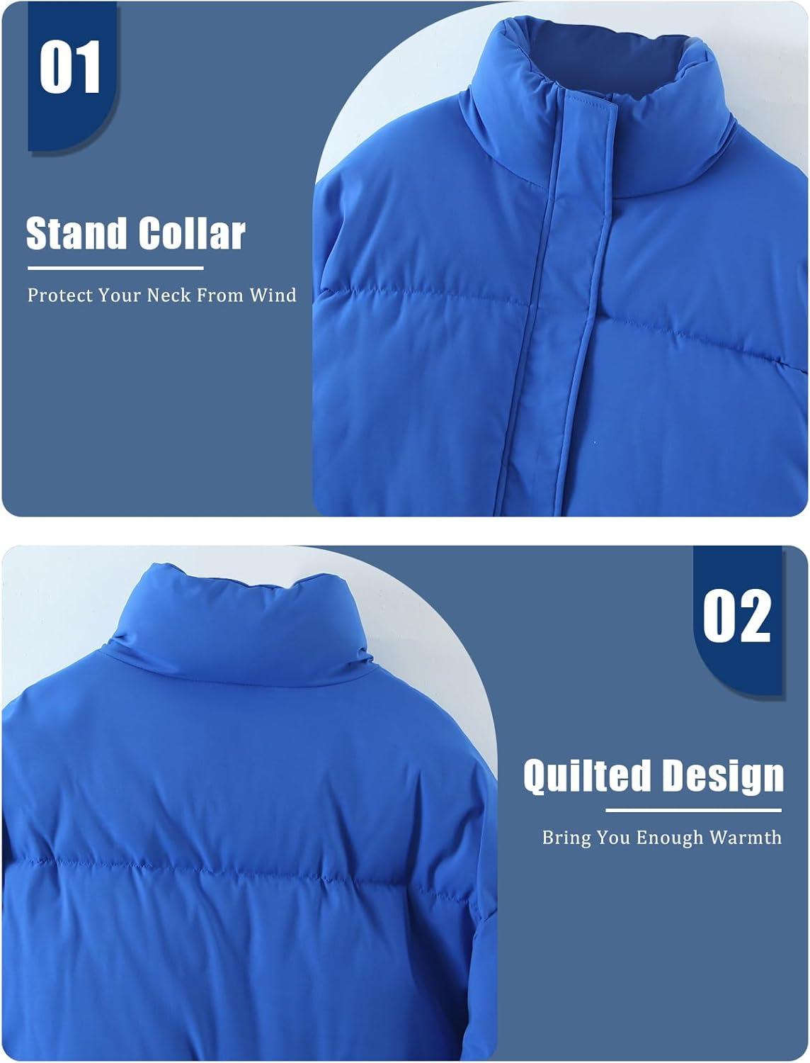 imageGihuo Womens Winter Warm Puffer Jacket Stand Collar Baggy Zip Up Short Quilted Jacket OuterwearBlue