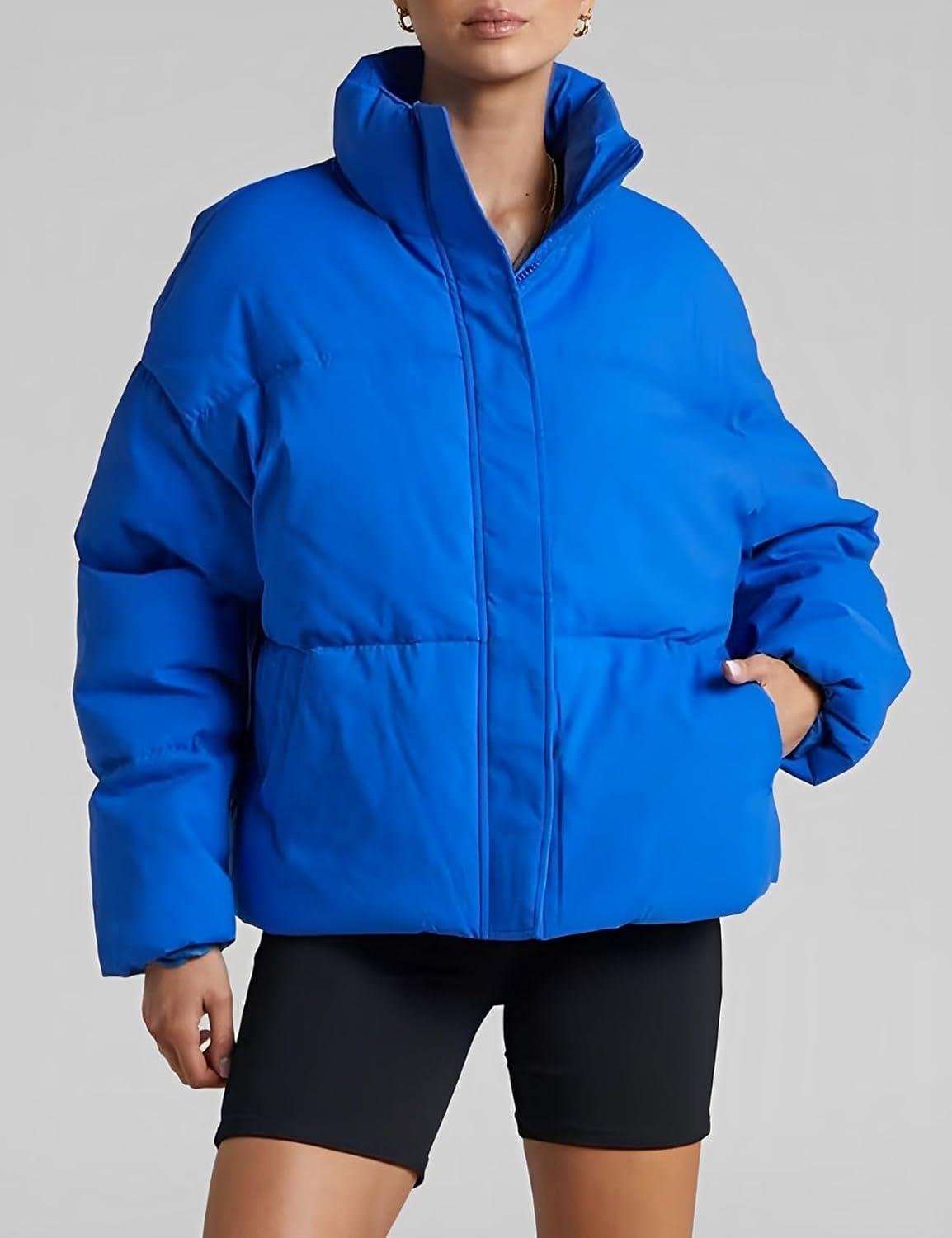 imageGihuo Womens Winter Warm Puffer Jacket Stand Collar Baggy Zip Up Short Quilted Jacket OuterwearBlue
