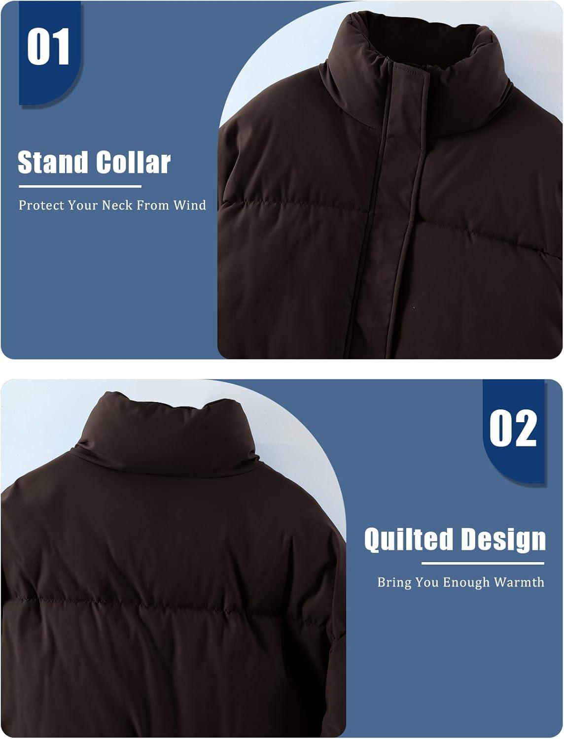 imageGihuo Womens Winter Warm Puffer Jacket Stand Collar Baggy Zip Up Short Quilted Jacket OuterwearBrown