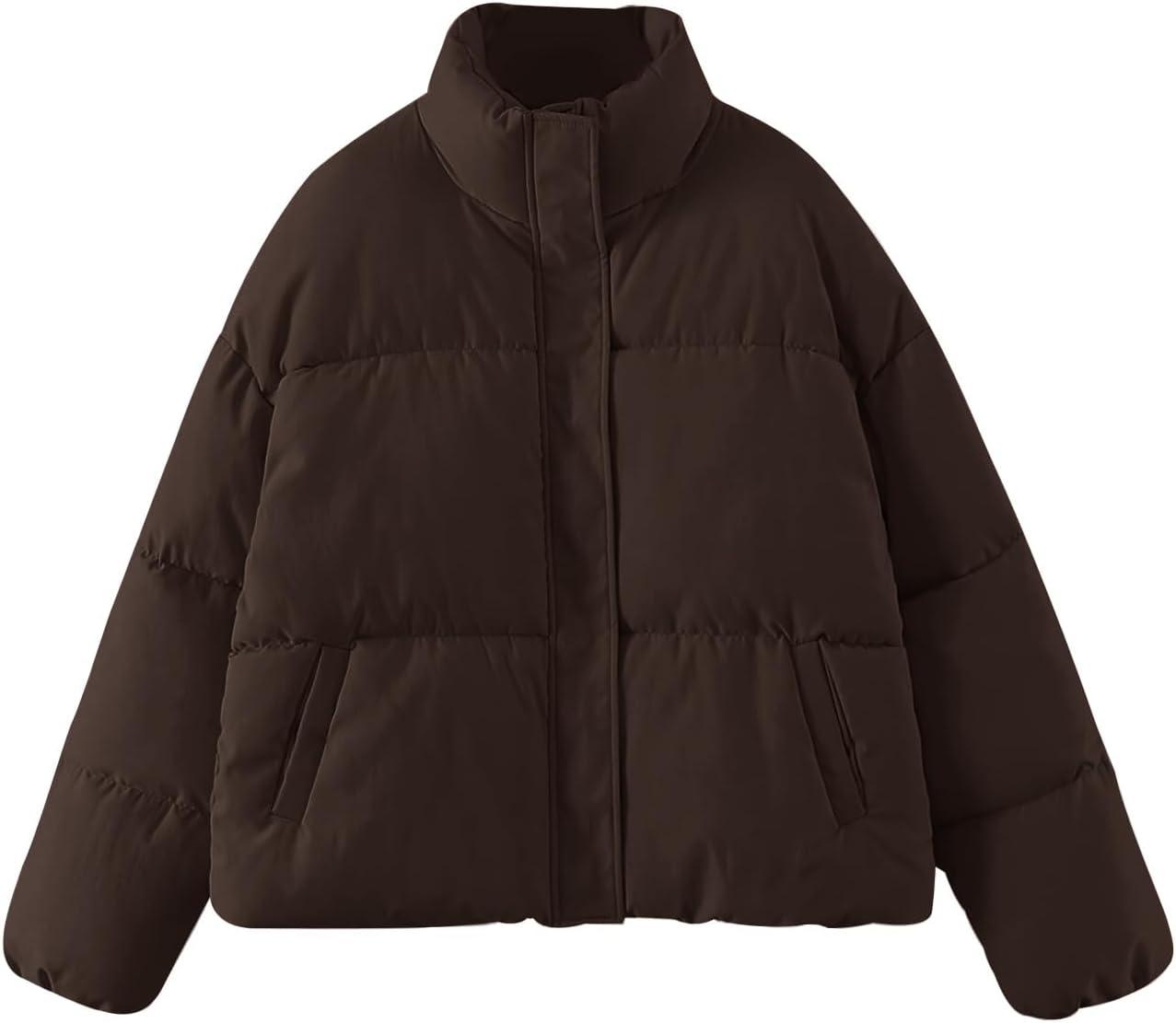 imageGihuo Womens Winter Warm Puffer Jacket Stand Collar Baggy Zip Up Short Quilted Jacket OuterwearBrown