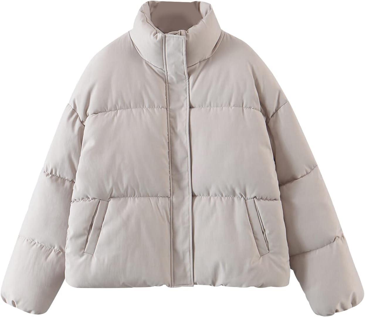 imageGihuo Womens Winter Warm Puffer Jacket Stand Collar Baggy Zip Up Short Quilted Jacket OuterwearKhaki