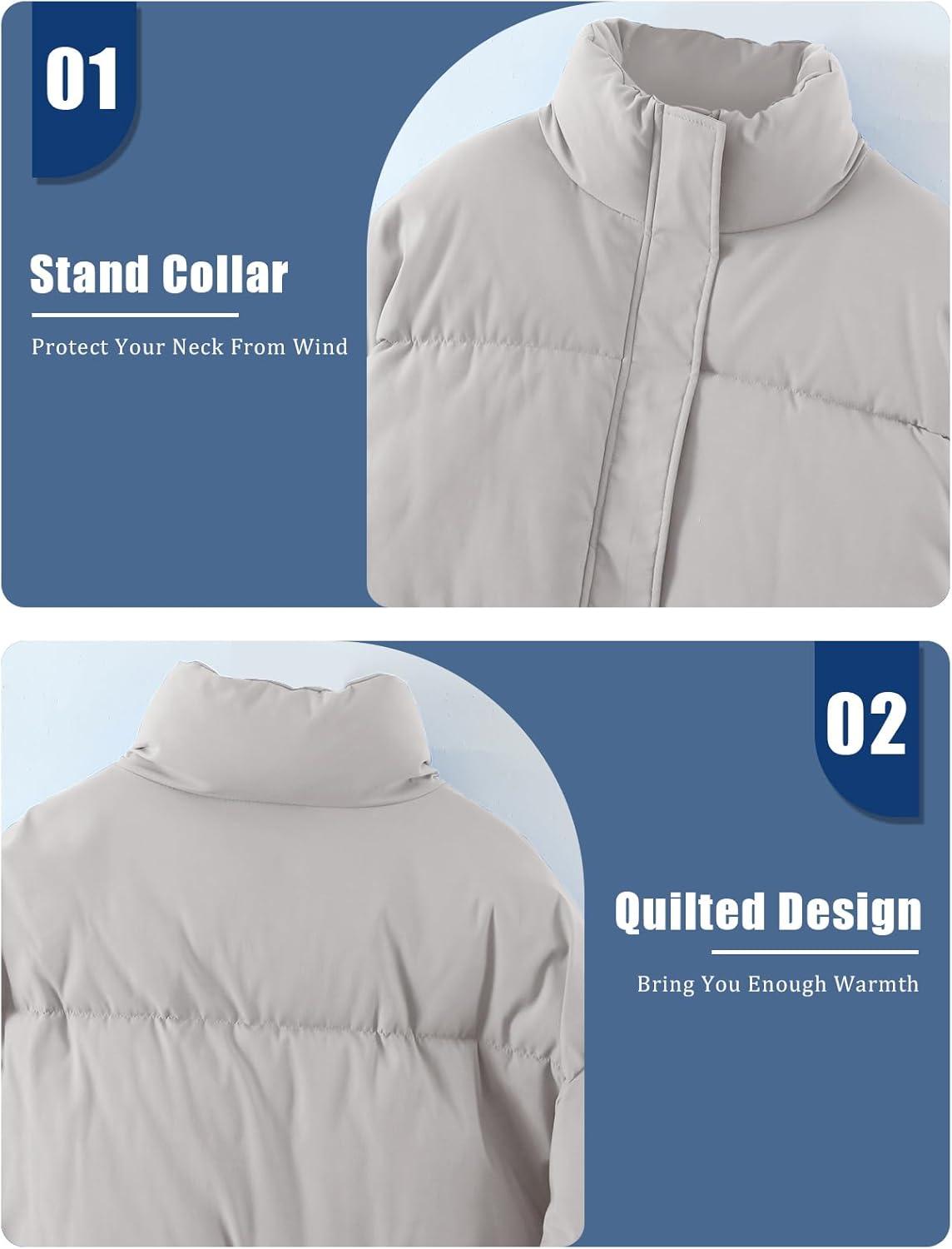 imageGihuo Womens Winter Warm Puffer Jacket Stand Collar Baggy Zip Up Short Quilted Jacket OuterwearKhaki