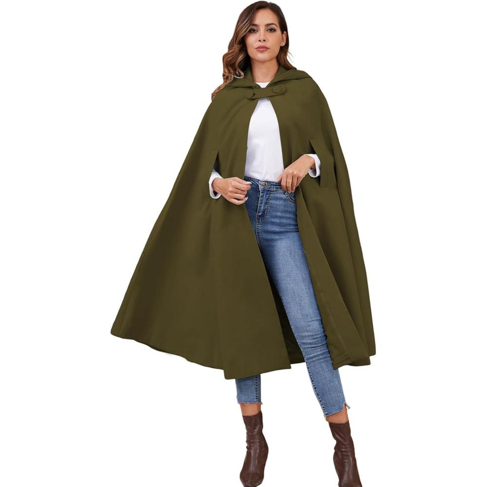 imageGihuo Cape Poncho Womens Hooded Maxi Cloak Coat Winter Warm Long Cloak Cosplay Costumes OuterwearArmy Green