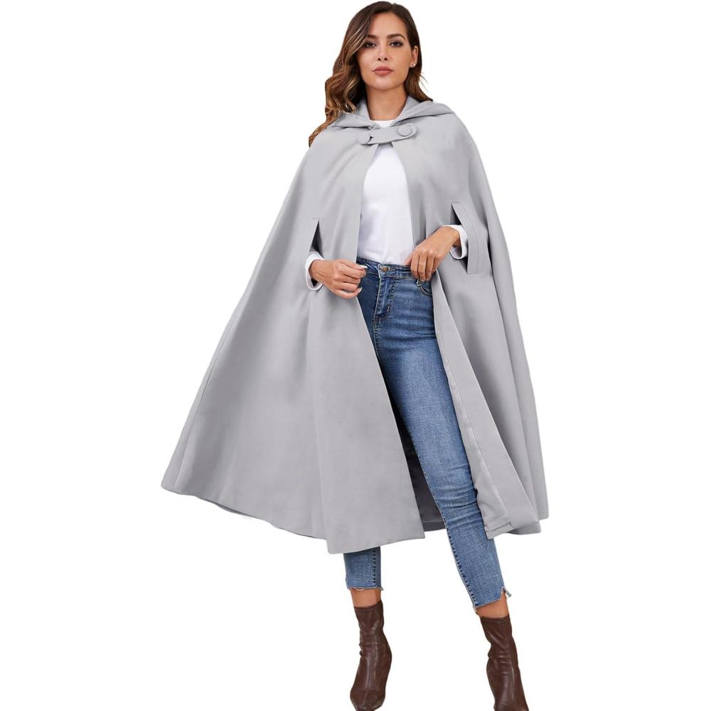 imageGihuo Cape Poncho Womens Hooded Maxi Cloak Coat Winter Warm Long Cloak Cosplay Costumes OuterwearGrey