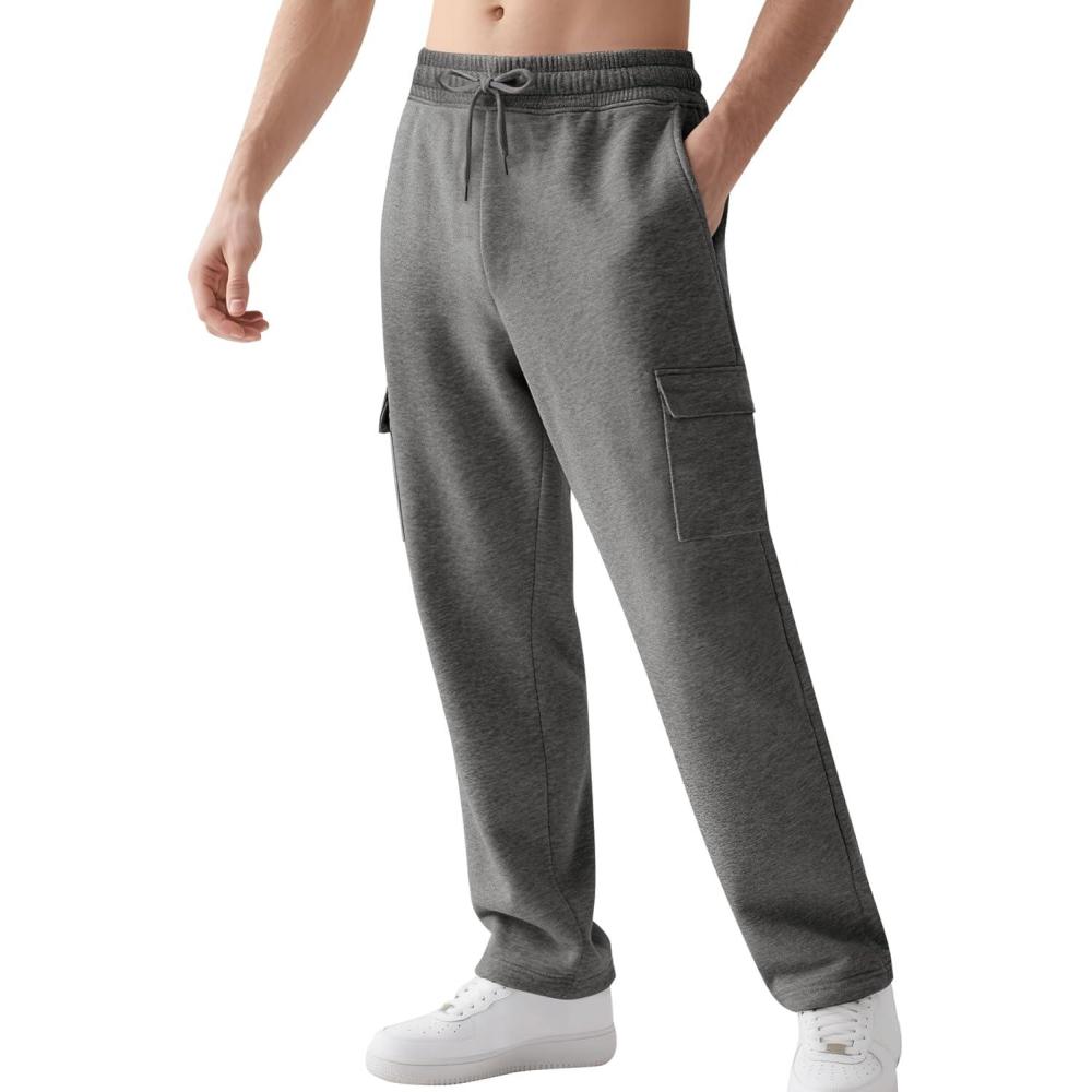 imageGihuo Cargo Sweatpants for Men Athletic Baggy Fleece Pants Open Bottom Wide Leg Drawstring Joggers with PocketsDarkgrey