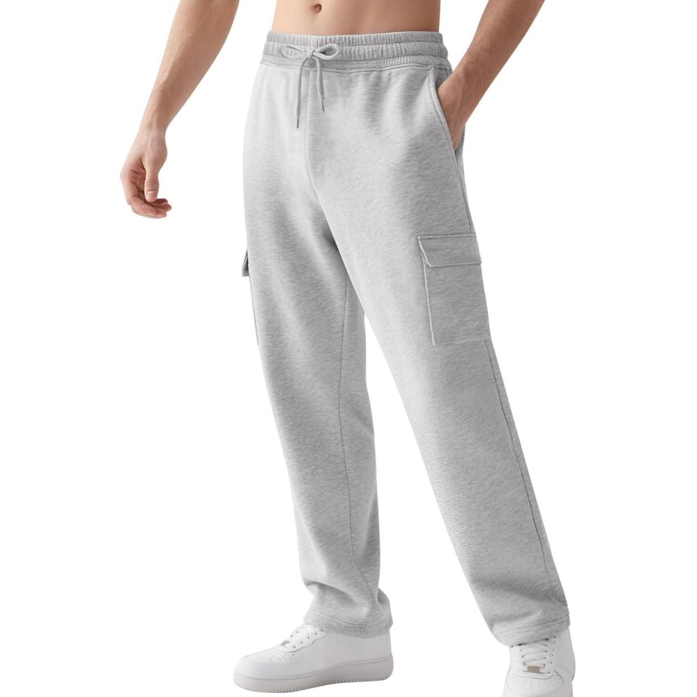 imageGihuo Cargo Sweatpants for Men Athletic Baggy Fleece Pants Open Bottom Wide Leg Drawstring Joggers with PocketsLightgrey