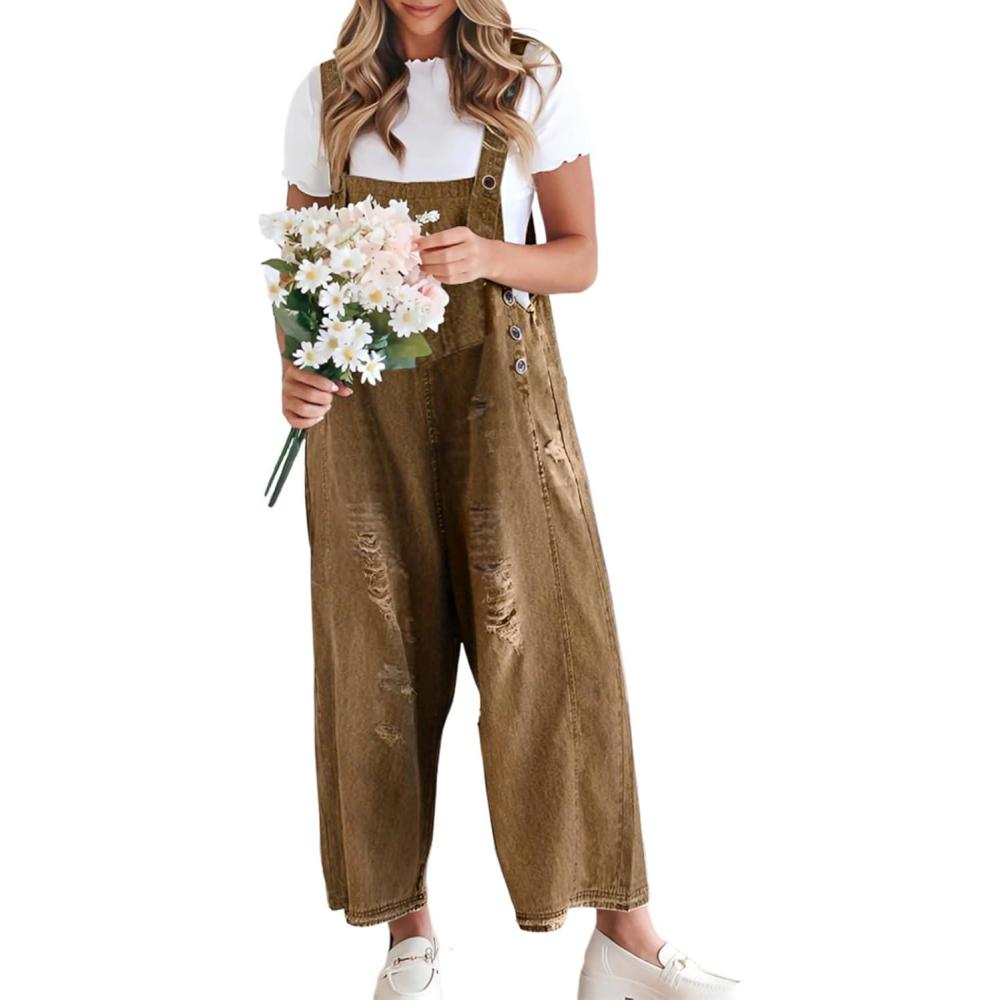 imageGihuo Denim Overalls for Women Jean Bib Overalls Wide Leg Loose Fit Barrel Baggy Distressed Adjustable StrapsBrown