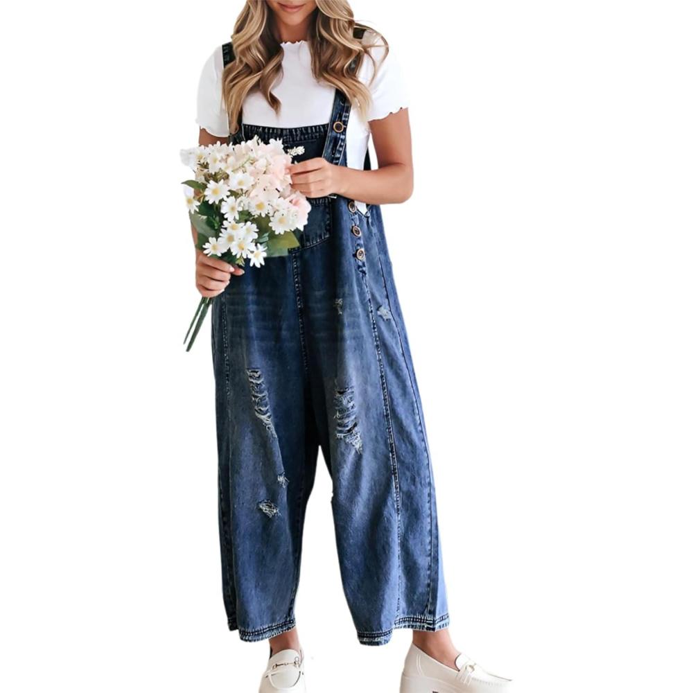 imageGihuo Denim Overalls for Women Jean Bib Overalls Wide Leg Loose Fit Barrel Baggy Distressed Adjustable StrapsDarkblue