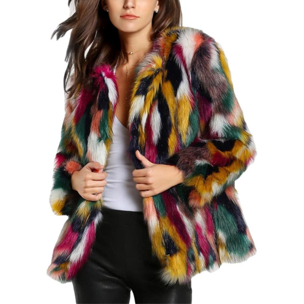 imageGihuo Faux Fur Coat Women Winter Fur Fluffy Jacket Multicolor Furry Coat JacketsMulticolor