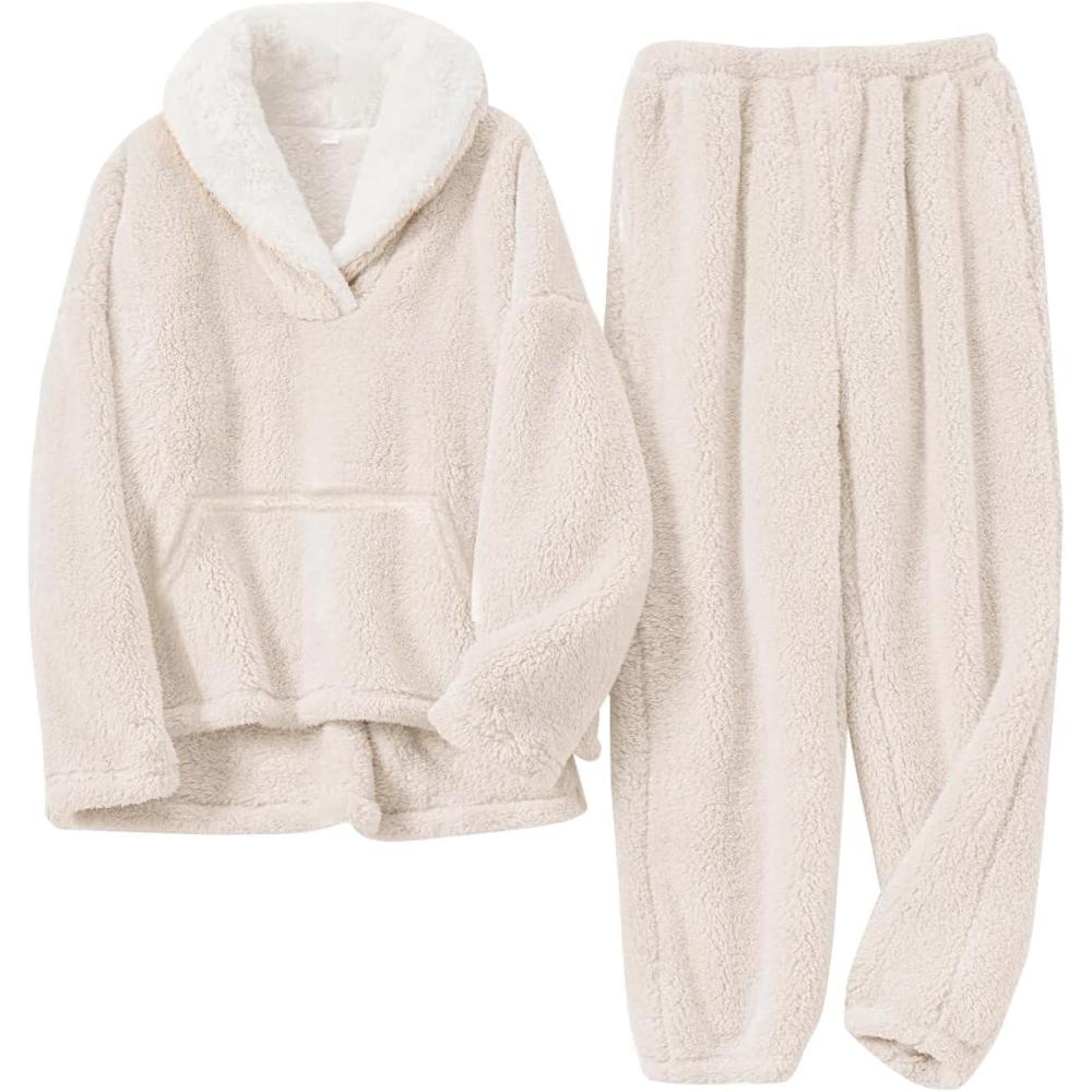 imageGihuo Girls Fleece Pants Sets Fuzzy 2 Piece Outfits Lapel Collar Pullover Sweatshirt Set Sweatsuit 514YBeige