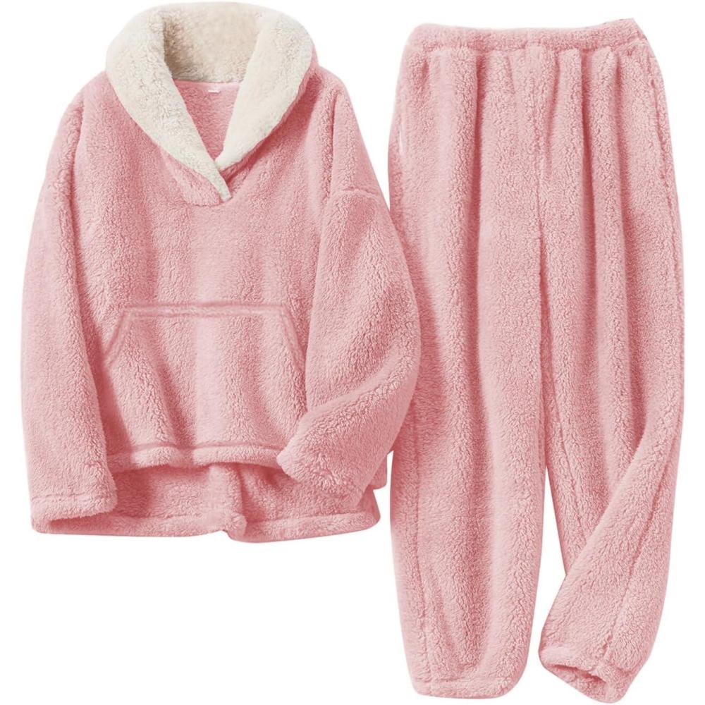 imageGihuo Girls Fleece Pants Sets Fuzzy 2 Piece Outfits Lapel Collar Pullover Sweatshirt Set Sweatsuit 514YLightpink