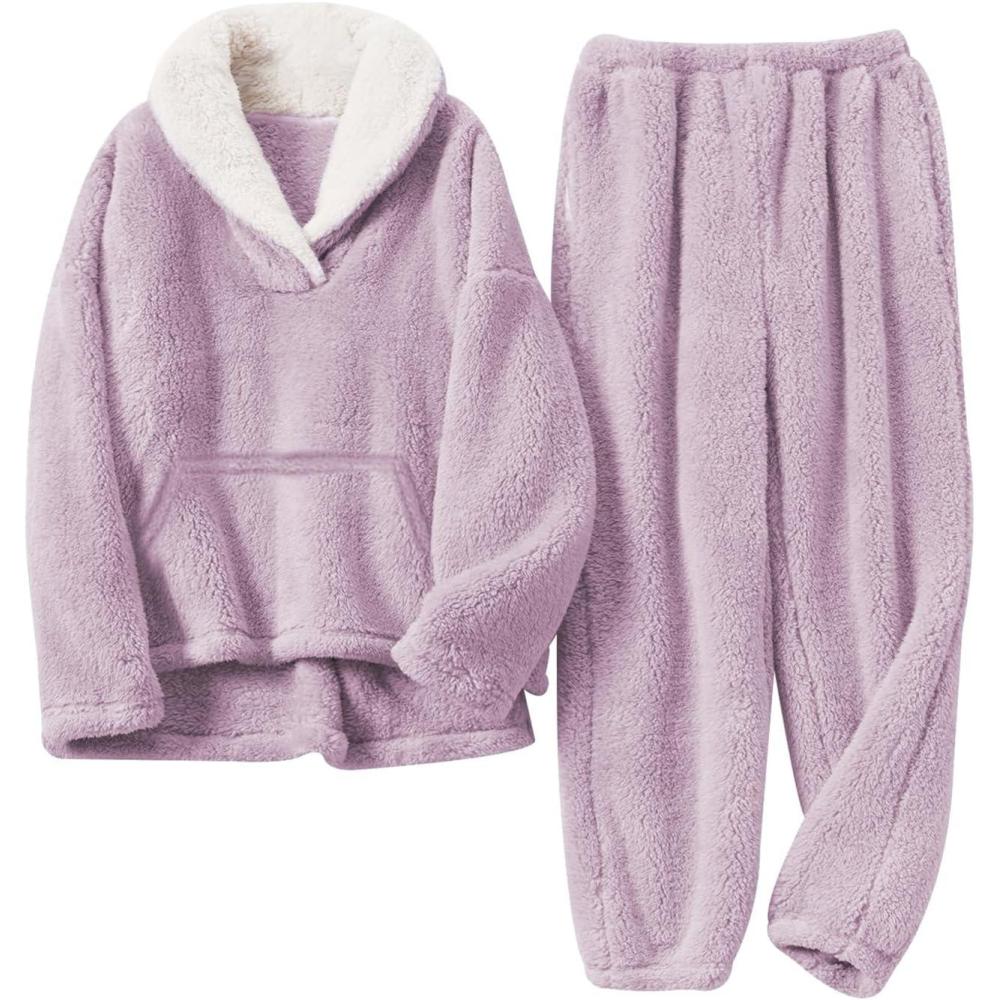 imageGihuo Girls Fleece Pants Sets Fuzzy 2 Piece Outfits Lapel Collar Pullover Sweatshirt Set Sweatsuit 514YPurple