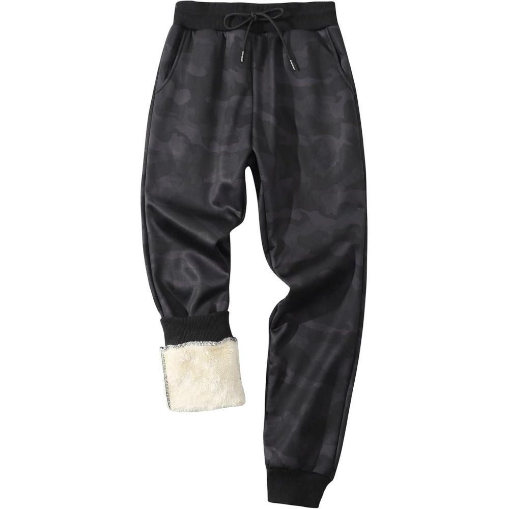 imageGihuo Mens Winter Fleece Pants Sherpa Lined Sweatpants Active Running Jogger PantsBlackcamo Ribbed Cuff