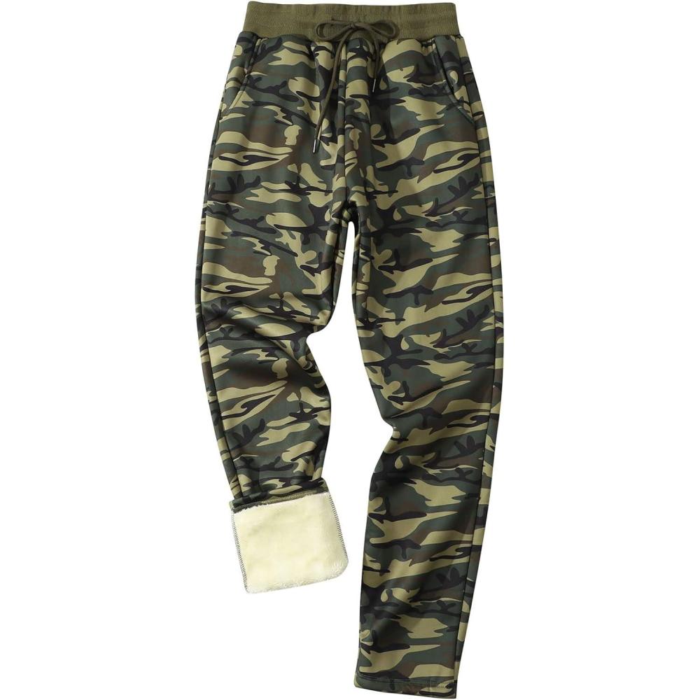 imageGihuo Mens Winter Fleece Pants Sherpa Lined Sweatpants Active Running Jogger PantsGreencamo Straight Cuff