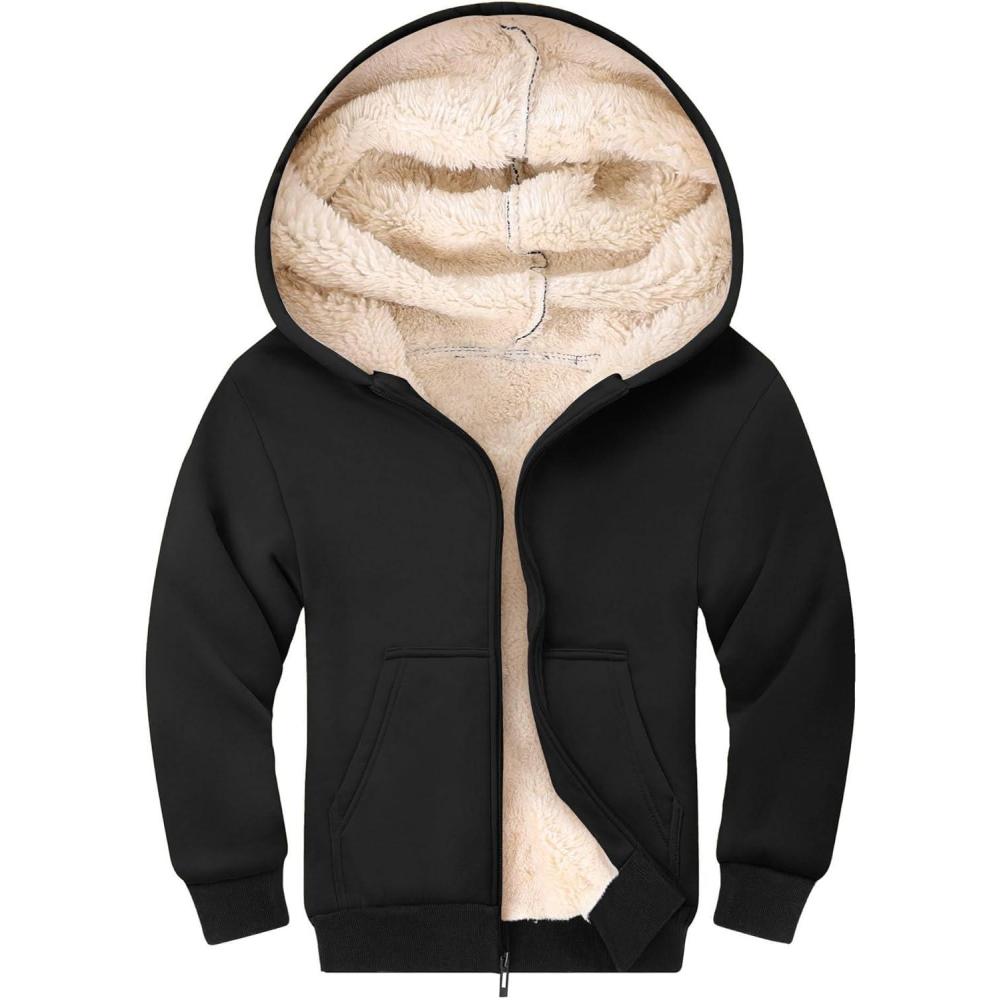 imageGihuo Unisex Boys Girls Winter Warm Sherpa Lined Zip Up Sweatshirt Fleece Jacket Kids Hoodie OuterwearBlack