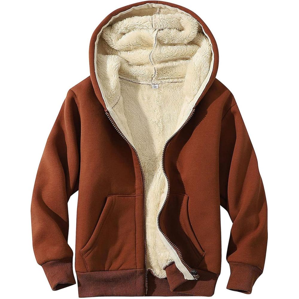 imageGihuo Unisex Boys Girls Winter Warm Sherpa Lined Zip Up Sweatshirt Fleece Jacket Kids Hoodie OuterwearBrown