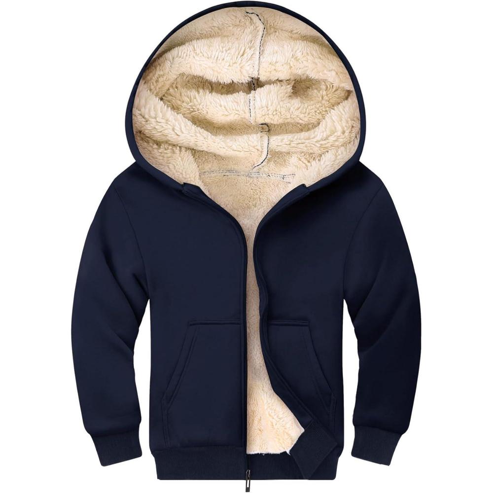imageGihuo Unisex Boys Girls Winter Warm Sherpa Lined Zip Up Sweatshirt Fleece Jacket Kids Hoodie OuterwearNavy
