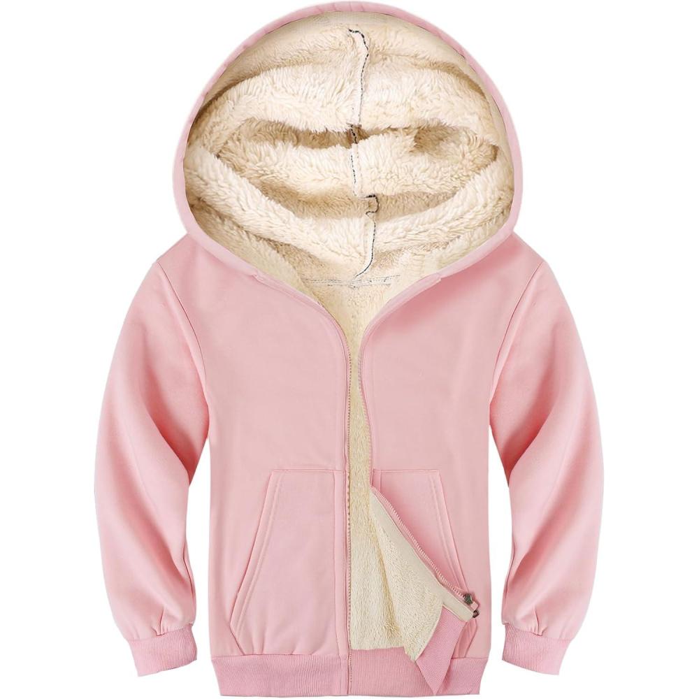 imageGihuo Unisex Boys Girls Winter Warm Sherpa Lined Zip Up Sweatshirt Fleece Jacket Kids Hoodie OuterwearPink