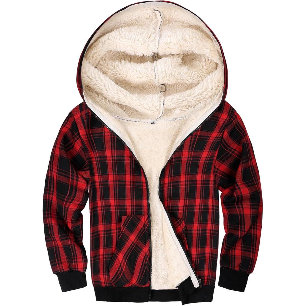 imageGihuo Unisex Boys Girls Winter Warm Sherpa Lined Zip Up Sweatshirt Fleece Jacket Kids Hoodie OuterwearRedplaid