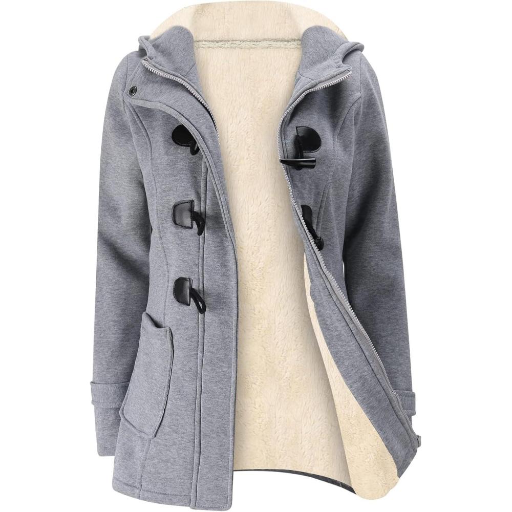 imageGihuo Winter Jackets for Women Sherpa Lined Jacket Women Duffle Toggle Coat Hooded Fleece JacketLightgrey
