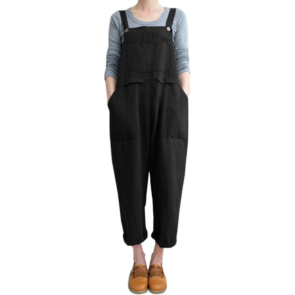 imageGihuo Women Linen Overalls Jumpsuits Loose Fit Baggy Bib Rompers Casual Summer Outfits Trendy 2025Black