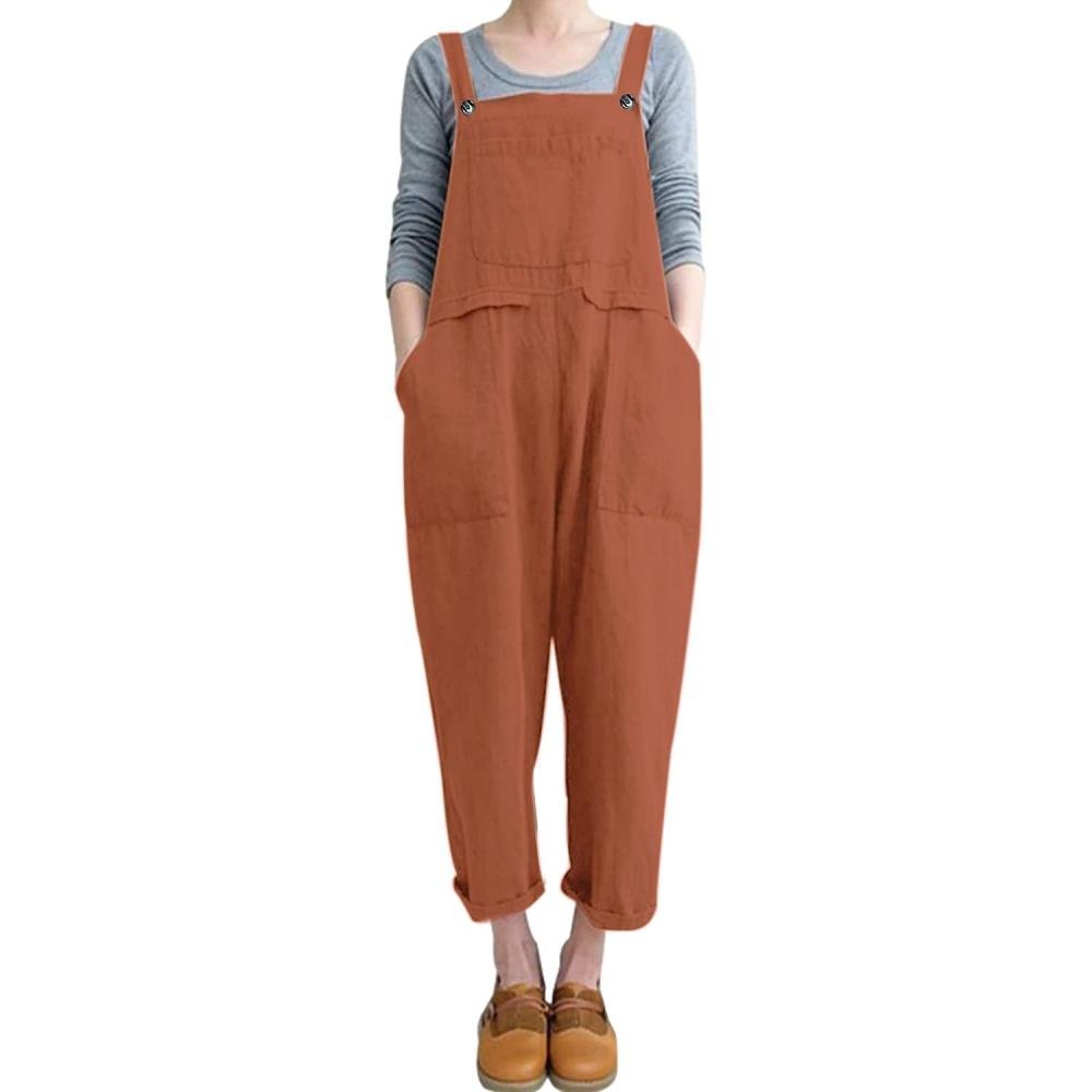 imageGihuo Women Linen Overalls Jumpsuits Loose Fit Baggy Bib Rompers Casual Summer Outfits Trendy 2025Brickred