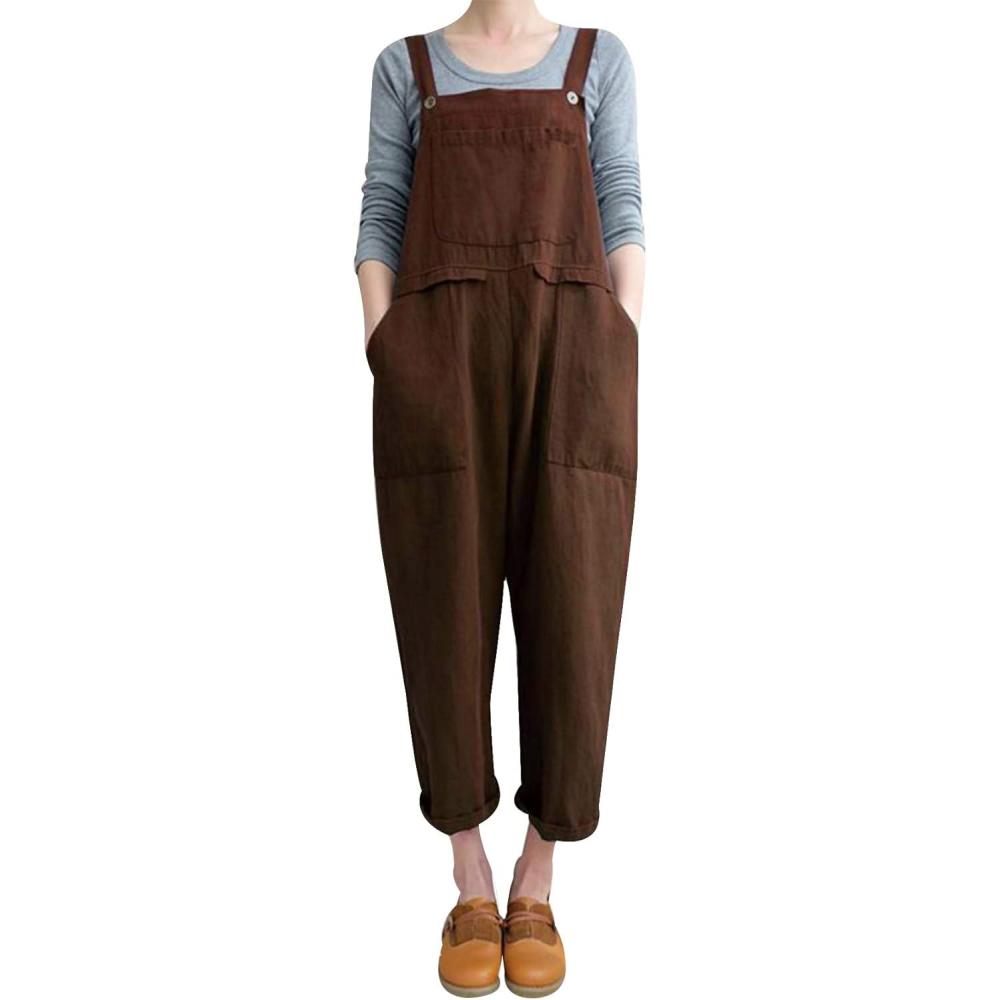 imageGihuo Women Linen Overalls Jumpsuits Loose Fit Baggy Bib Rompers Casual Summer Outfits Trendy 2025Brown
