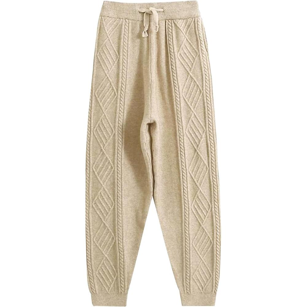 imageGihuo Women s Cable Knit Sweater Pants Long Harem Joggers with Elastic WaistBeige