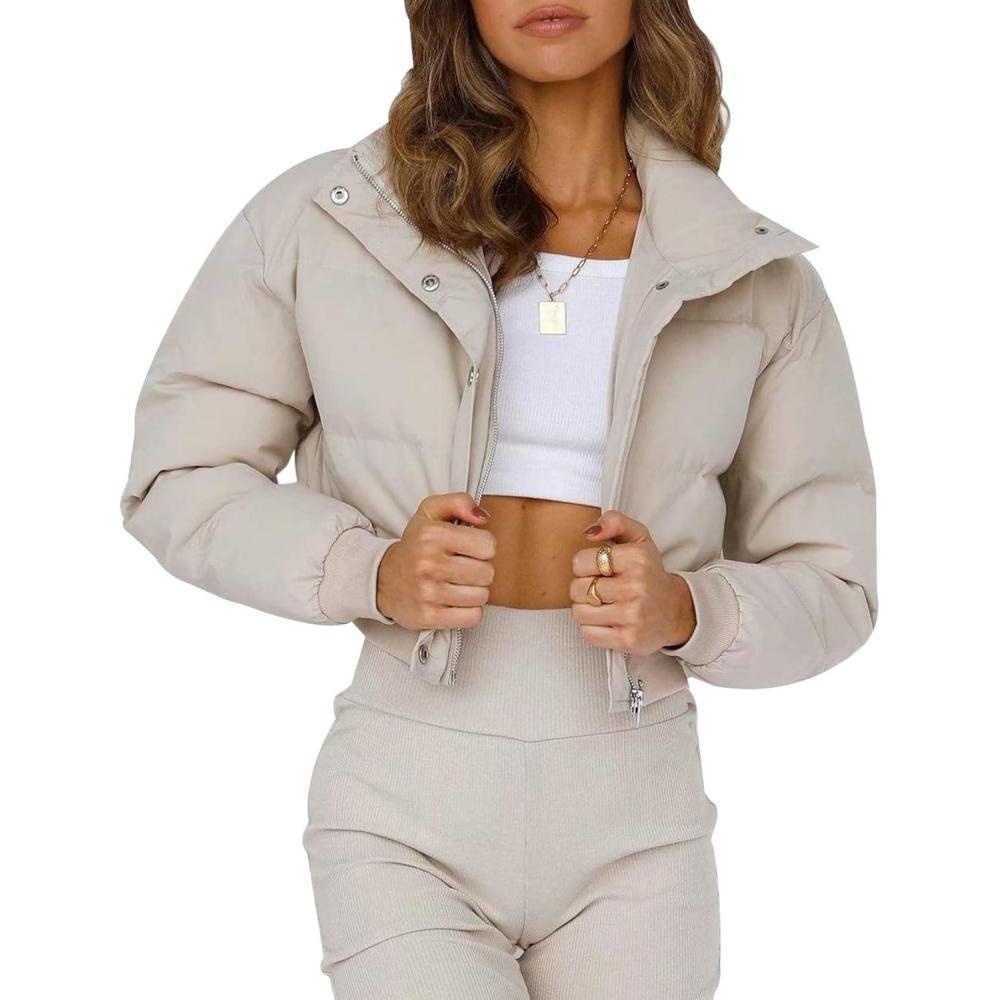 imageGihuo Women s Cropped Puffer Jacket Padded Long Sleeve Bubble Coats Winter Warm Puffy OuterwearBeige
