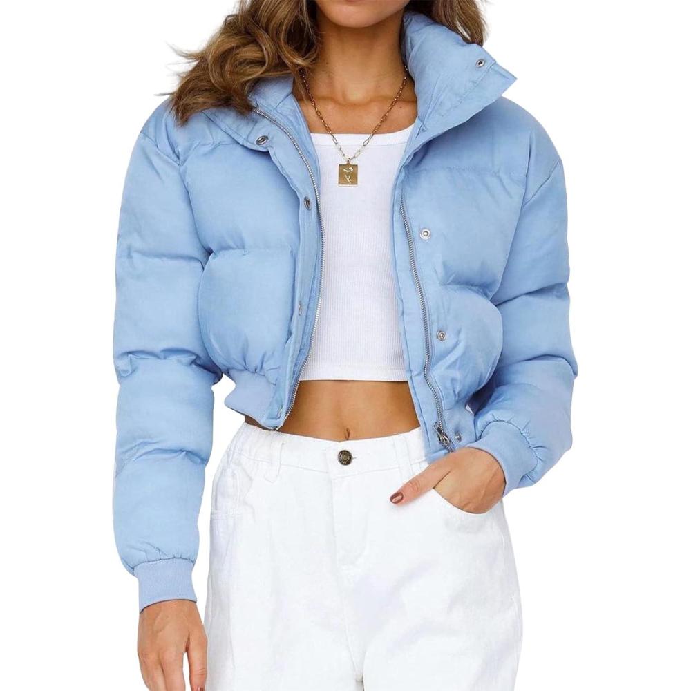 imageGihuo Women s Cropped Puffer Jacket Padded Long Sleeve Bubble Coats Winter Warm Puffy OuterwearBlue
