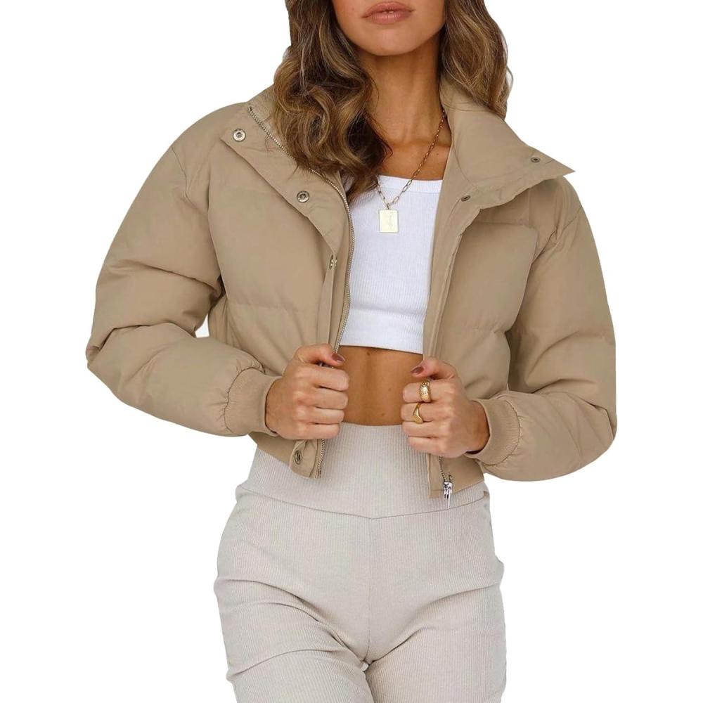 imageGihuo Women s Cropped Puffer Jacket Padded Long Sleeve Bubble Coats Winter Warm Puffy OuterwearKhaki