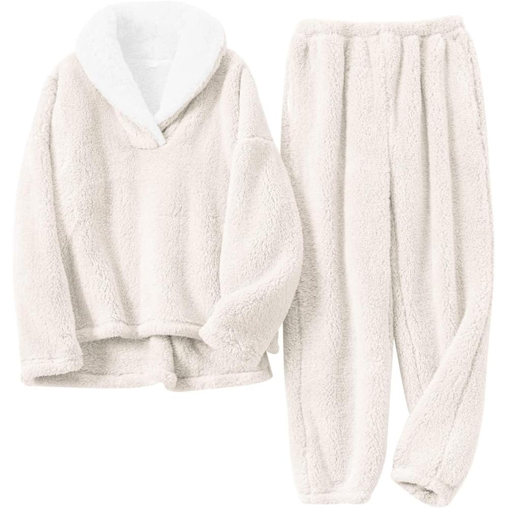 imageGihuo Women s Fluffy Pajamas Set Fleece Pullover Pants Loose Plush Sleepwear 2 Piece Pjs Set Warm Loungewear FuzzyBeige