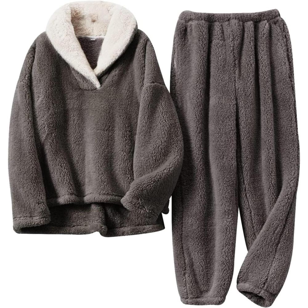 imageGihuo Women s Fluffy Pajamas Set Fleece Pullover Pants Loose Plush Sleepwear 2 Piece Pjs Set Warm Loungewear FuzzyDarkgrey