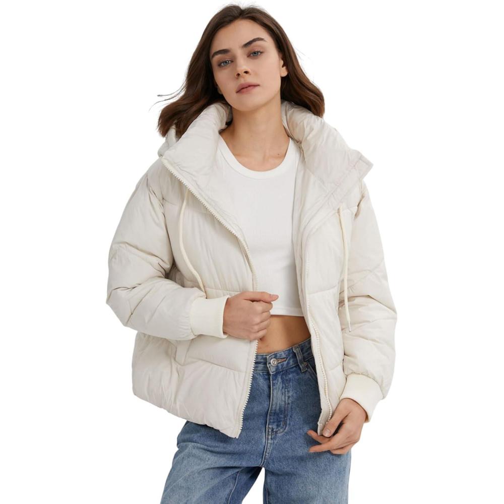 imageGihuo Womens Crop Hooded Puffer Jacket Zip Up Winter Quilted Warm Short Jacket OuterwearBeige