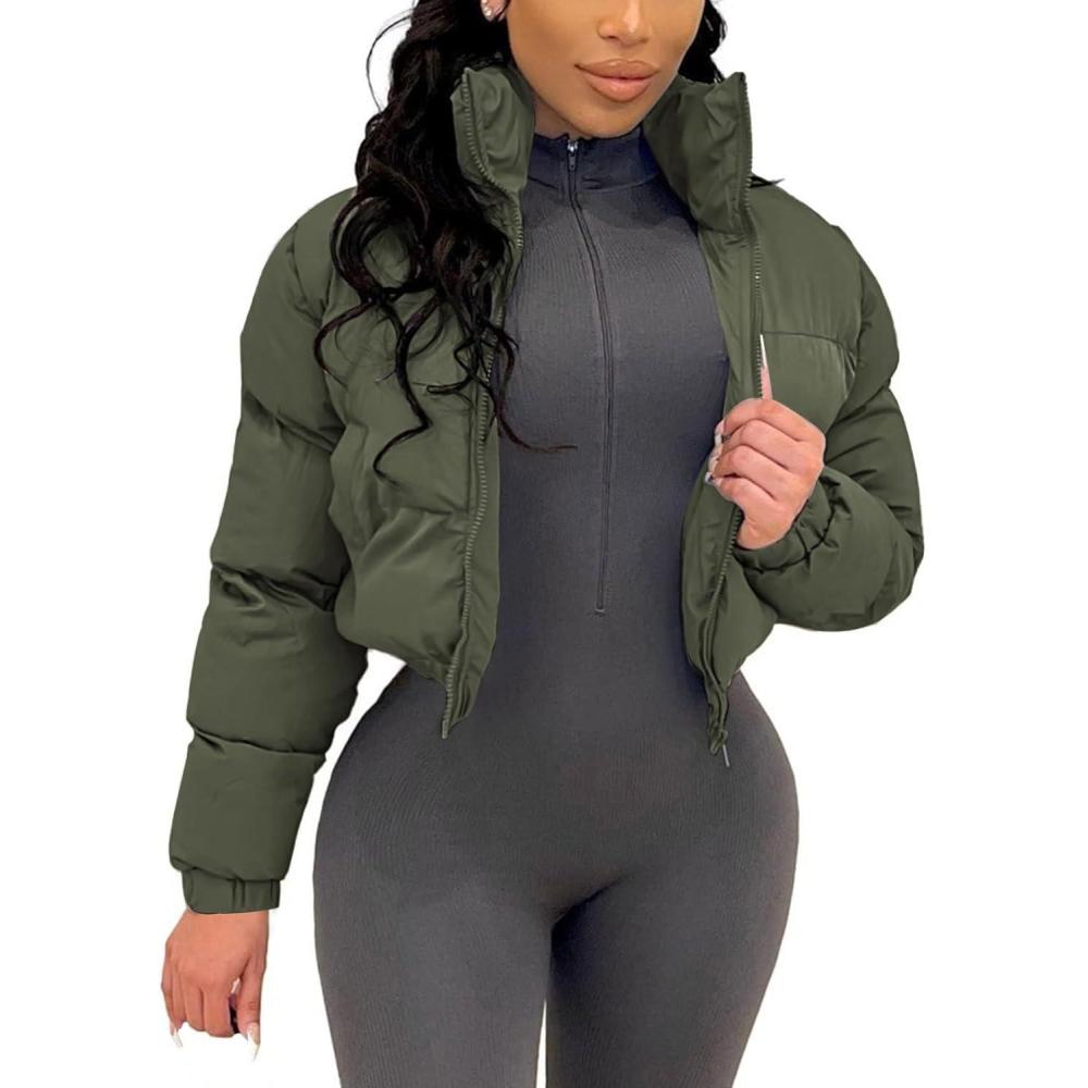 imageGihuo Womens Cropped Puffer Jacket Zip Up Winter Short Quilted Jackets Bubble CoatArmygreen