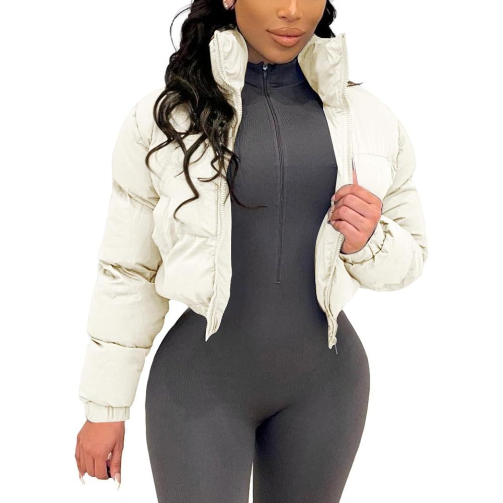 imageGihuo Womens Cropped Puffer Jacket Zip Up Winter Short Quilted Jackets Bubble CoatBeige