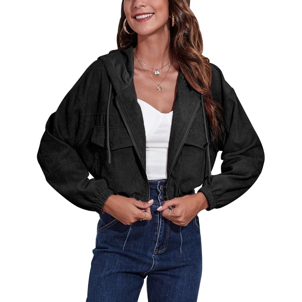 imageGihuo Womens Fashion Cropped Shacket Button Down Corduroy Shacket Jackets Casual Plaid Long Sleeve Crop Jackets Tops02 Blackhooded