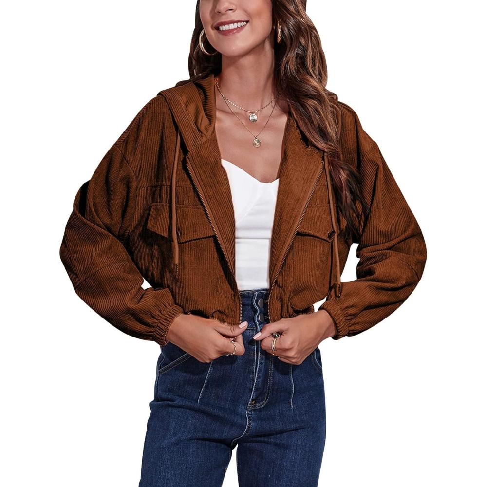 imageGihuo Womens Fashion Cropped Shacket Button Down Corduroy Shacket Jackets Casual Plaid Long Sleeve Crop Jackets Tops02 Brownhooded
