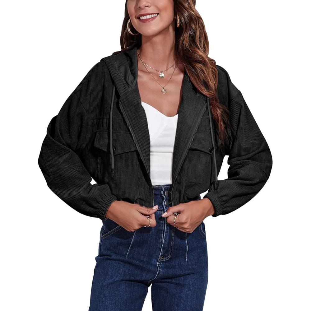 imageGihuo Womens Fashion Cropped Shacket Button Down Corduroy Shacket Jackets Casual Plaid Long Sleeve Crop Jackets Tops02black