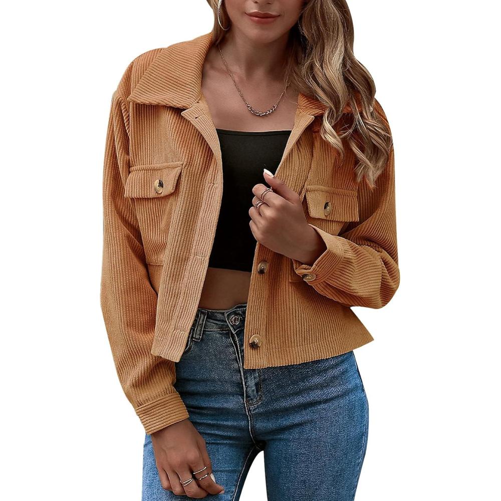 imageGihuo Womens Fashion Cropped Shacket Button Down Corduroy Shacket Jackets Casual Plaid Long Sleeve Crop Jackets TopsKhaki